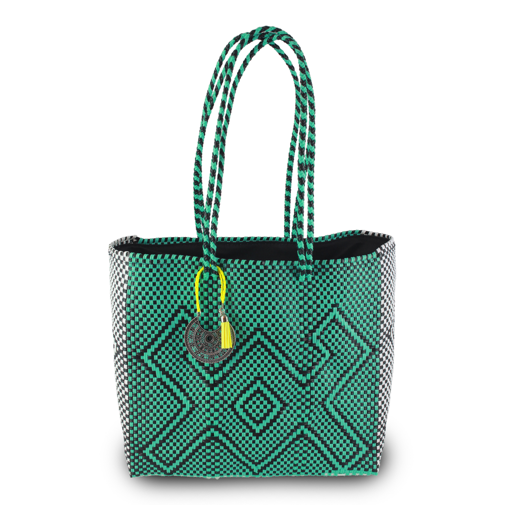 Handwoven Tote in Green And White - Maria Sesasi